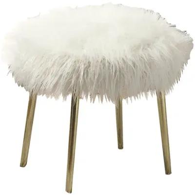 Faux Fur Upholstery Ottoman in White and Gold