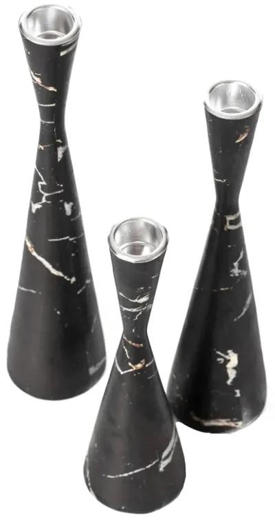 Marble Resin Candle Holders - Set of 3 Exquisite Decorative Taper Candlesticks for Luxurious Home Decor, Elegant Dining Table Centerpieces, Stylish Interior Accents, and Exclusive Event Illumination, Black