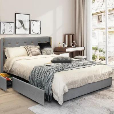 Full/Queen Size Upholstered Bed Frame with 4 Drawers-Silver