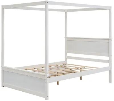 Full-size wood canopy bed with drawers, no box spring needed