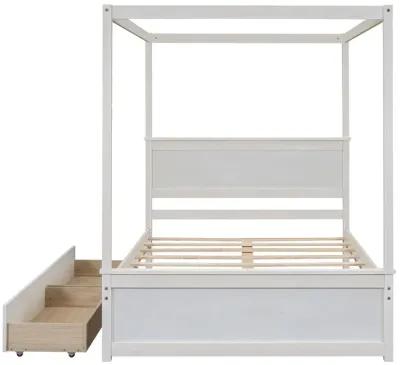 Full-size wood canopy bed with drawers, no box spring needed