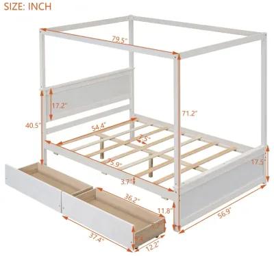 Full-size wood canopy bed with drawers, no box spring needed