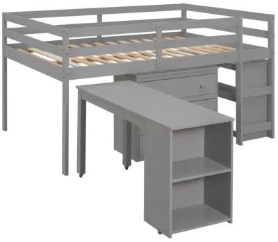 Low Study Full Loft Bed With Cabinet, Shelves And Rolling Portable Desk, Multiple Functions