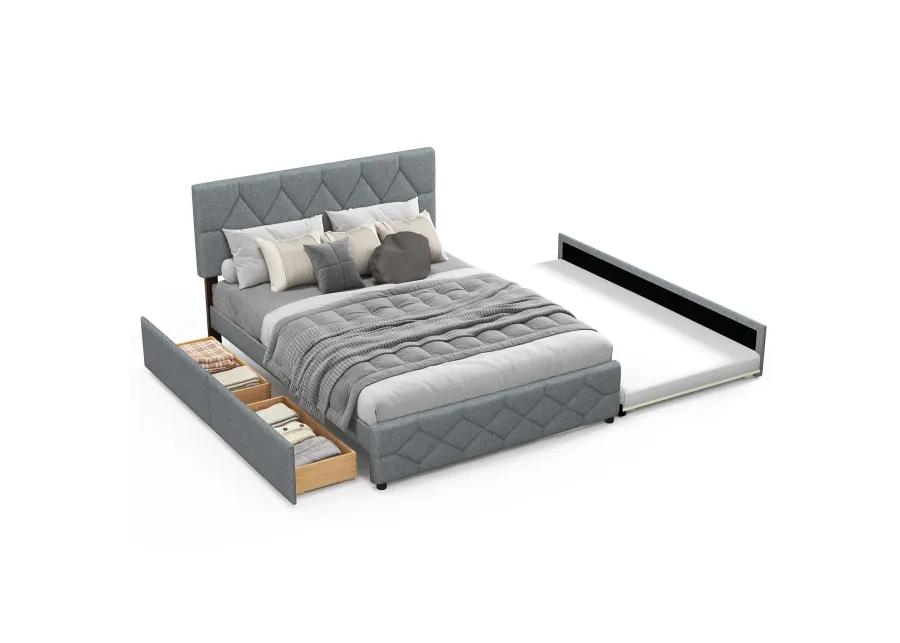 Queen Upholstered Platform Bed with Trundle and 2 Drawers No Box Spring Needed Noise Free-Gray