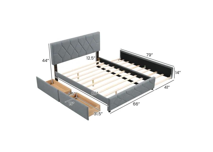 Queen Upholstered Platform Bed with Trundle and 2 Drawers No Box Spring Needed Noise Free-Gray