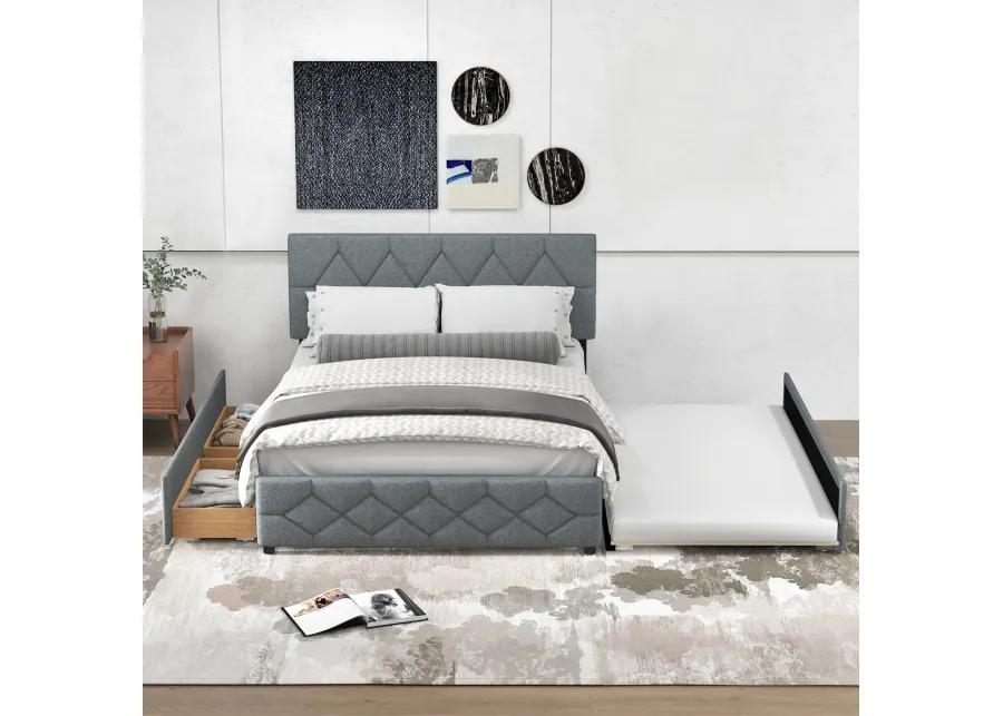 Queen Upholstered Platform Bed with Trundle and 2 Drawers No Box Spring Needed Noise Free-Gray