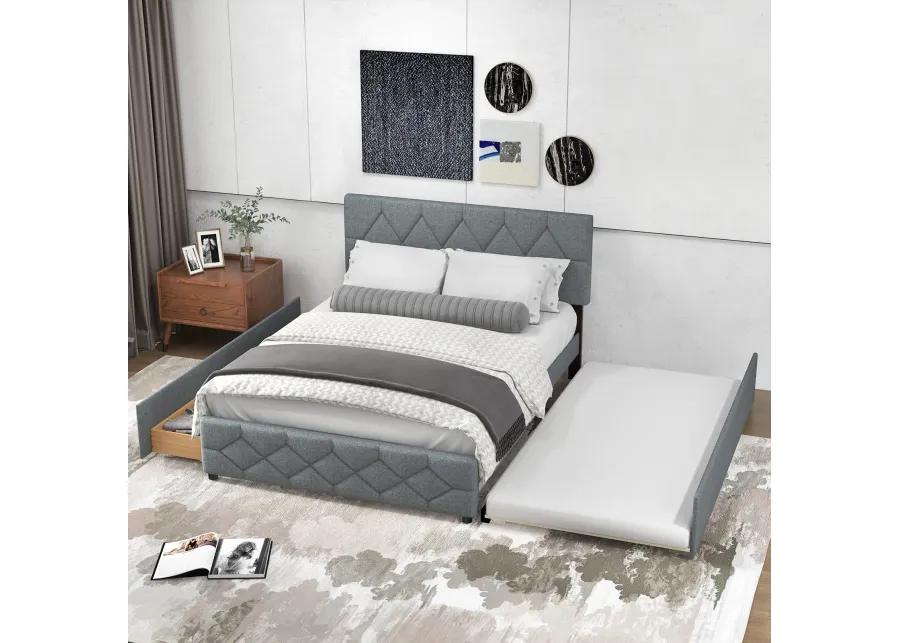 Queen Upholstered Platform Bed with Trundle and 2 Drawers No Box Spring Needed Noise Free-Gray