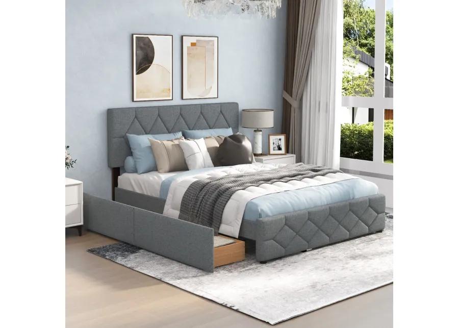 Queen Upholstered Platform Bed with Trundle and 2 Drawers No Box Spring Needed Noise Free-Gray