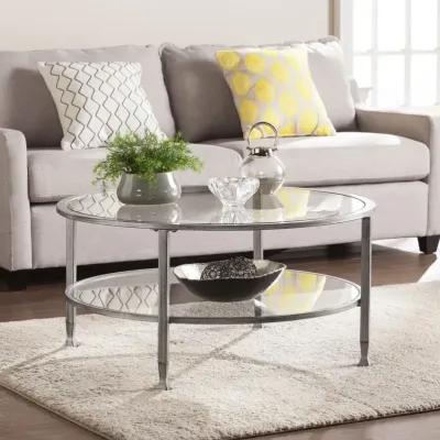 Homezia 36" Silver Glass And Metal Round Coffee Table