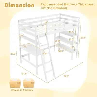 Twin Size Loft Bed with Desk and Bookshelves for Kids and Teens