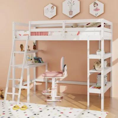 Twin Size Loft Bed with Desk and Bookshelves for Kids and Teens