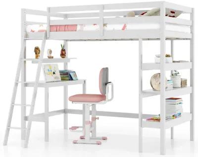 Twin Size Loft Bed with Desk and Bookshelves for Kids and Teens