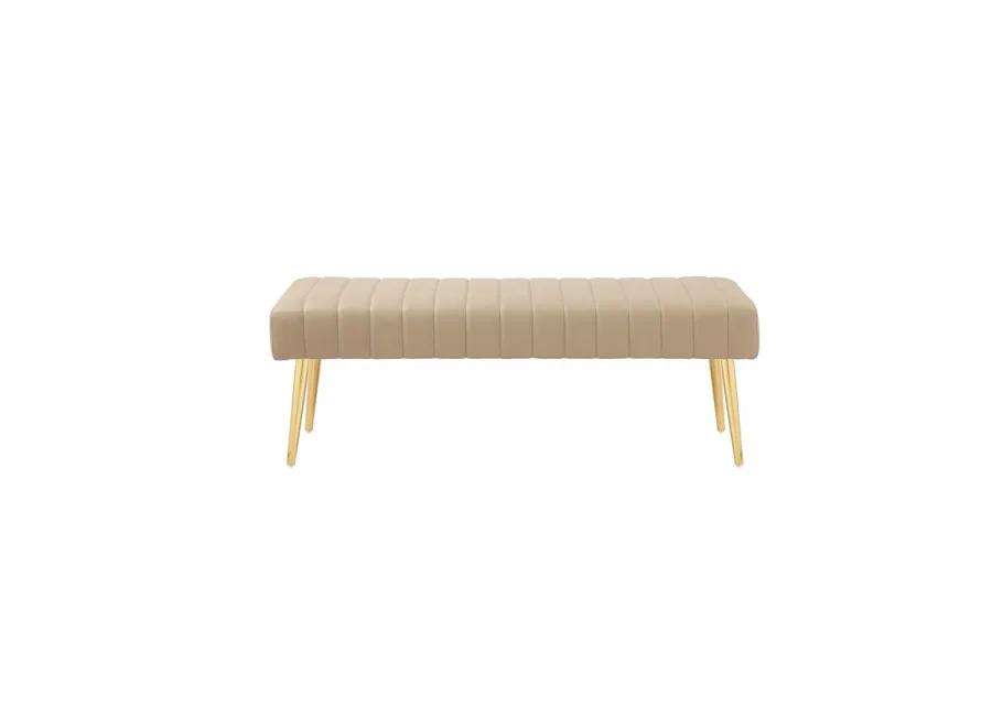 Lida 45 Inch Bench, Modern Tufted Lines, Beige Faux Leather, Gold Metal - Benzara