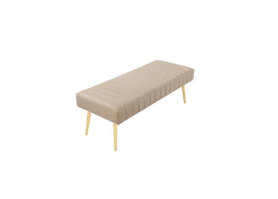 Lida 45 Inch Bench, Modern Tufted Lines, Beige Faux Leather, Gold Metal - Benzara