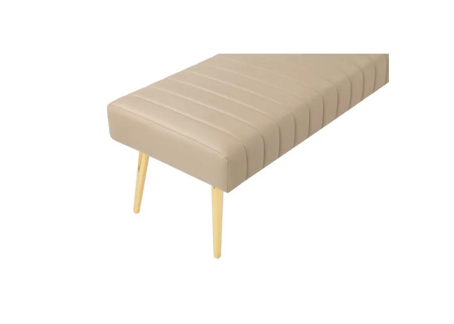 Lida 45 Inch Bench, Modern Tufted Lines, Beige Faux Leather, Gold Metal - Benzara