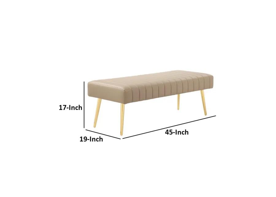 Lida 45 Inch Bench, Modern Tufted Lines, Beige Faux Leather, Gold Metal - Benzara