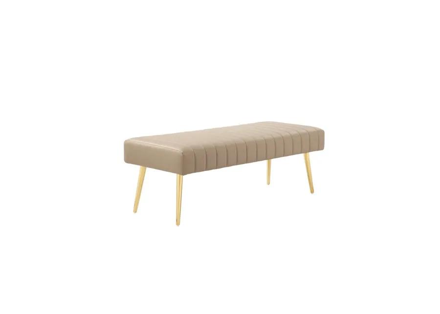 Lida 45 Inch Bench, Modern Tufted Lines, Beige Faux Leather, Gold Metal - Benzara