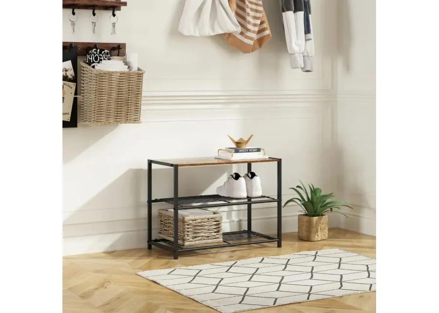 2-Shelf Entryway Shoe Rack Bench with Black Metal Frame and Brown Wood Top