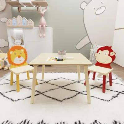 Hivvago Animal Designed Kid's Wooden Table with 2 Chair Set Activity Play Table Set (Lion Monkey)