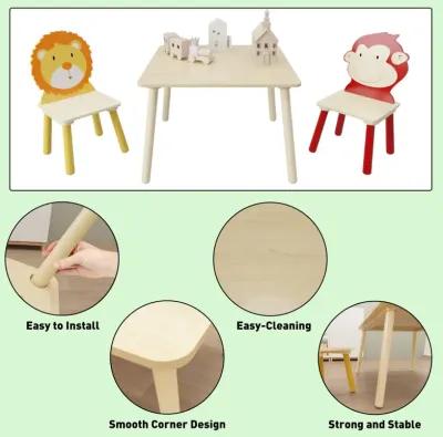 Hivvago Animal Designed Kid's Wooden Table with 2 Chair Set Activity Play Table Set (Lion Monkey)