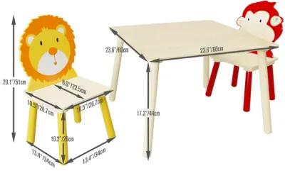 Hivvago Animal Designed Kid's Wooden Table with 2 Chair Set Activity Play Table Set (Lion Monkey)