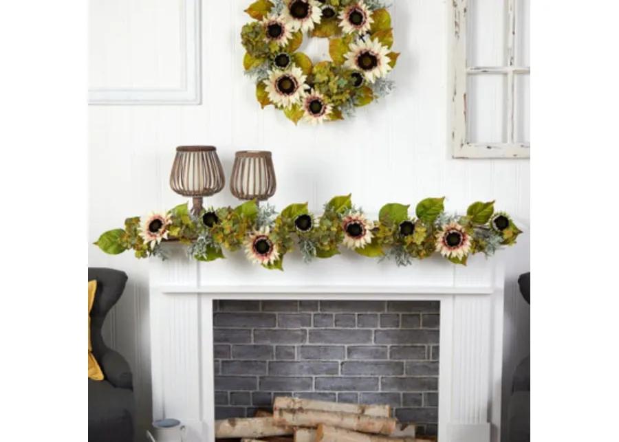 HomPlanti 5" White Sunflower and Hydrangea Artificial Garland