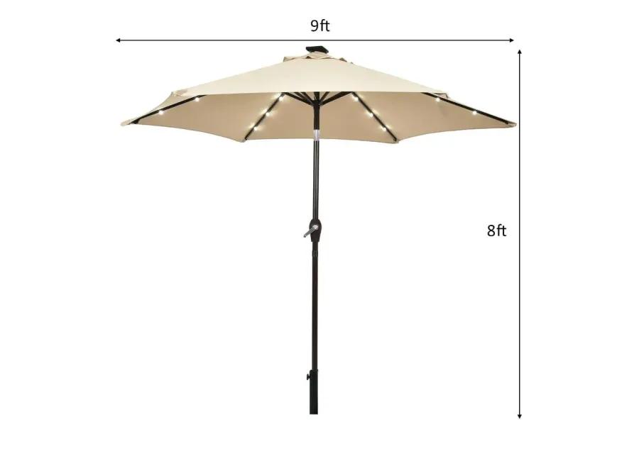 9 Feet Solar LED Lighted Patio Market Umbrella Tilt Adjustment Crank Lift