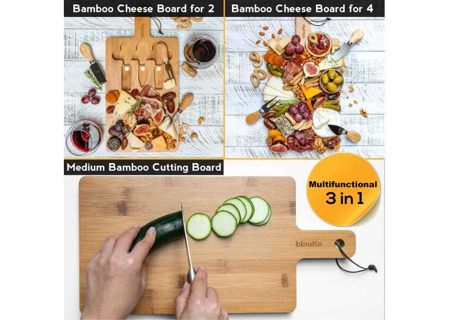 Bamboo Cheese Board and Knife Set - 12x8 inch Charcuterie Board with Magnetic Cutlery Storage - Wood Serving Tray with Handle