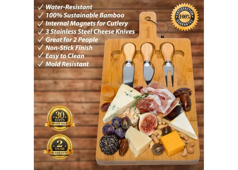 Bamboo Cheese Board and Knife Set - 12x8 inch Charcuterie Board with Magnetic Cutlery Storage - Wood Serving Tray with Handle