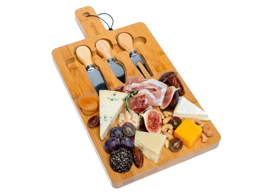 Bamboo Cheese Board and Knife Set - 12x8 inch Charcuterie Board with Magnetic Cutlery Storage - Wood Serving Tray with Handle