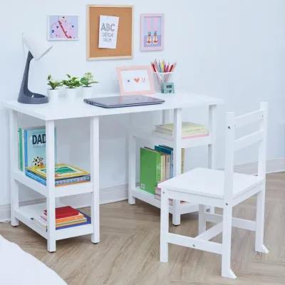 Fantasy Fields -  Kids wooden Desk & Chairs set with shelves on the side  - White