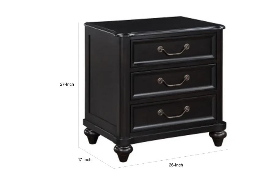 Vix 27 Inch Nightstand, 3 Drawers, Molded Design Pewter Drop Handles, Black - Benzara