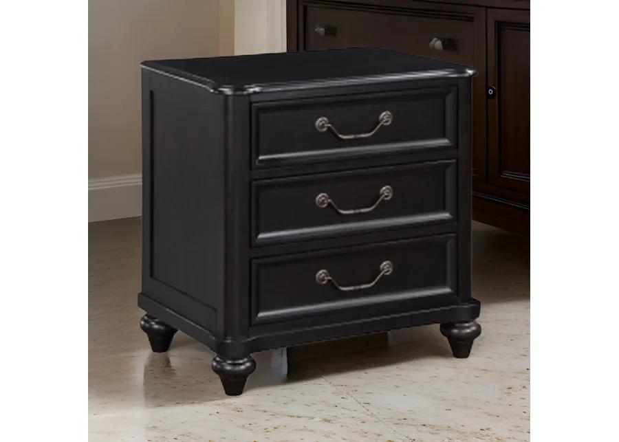 Vix 27 Inch Nightstand, 3 Drawers, Molded Design Pewter Drop Handles, Black - Benzara