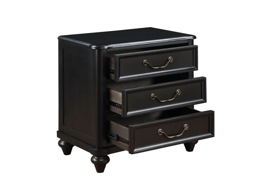 Vix 27 Inch Nightstand, 3 Drawers, Molded Design Pewter Drop Handles, Black - Benzara