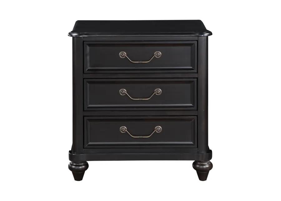 Vix 27 Inch Nightstand, 3 Drawers, Molded Design Pewter Drop Handles, Black - Benzara