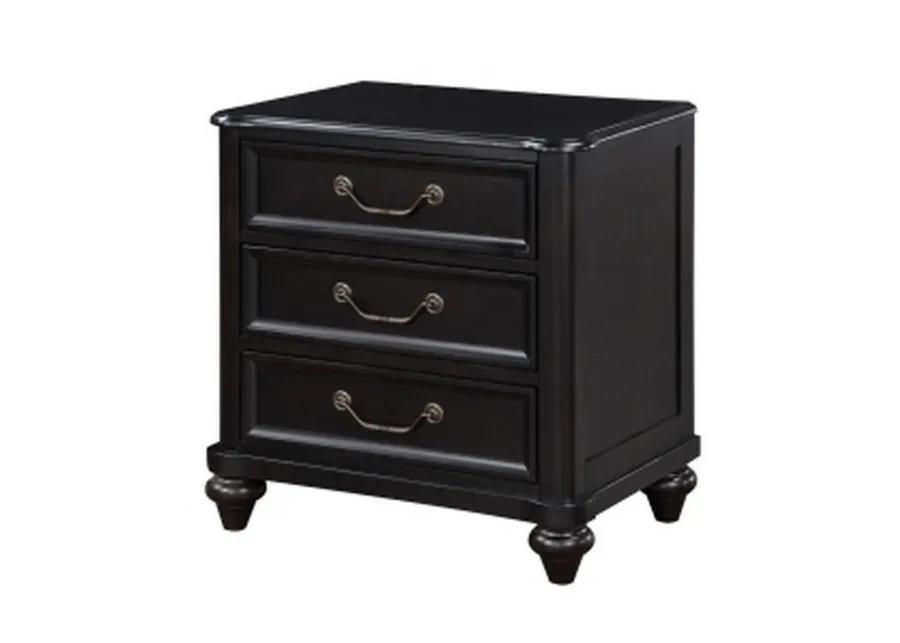 Vix 27 Inch Nightstand, 3 Drawers, Molded Design Pewter Drop Handles, Black - Benzara