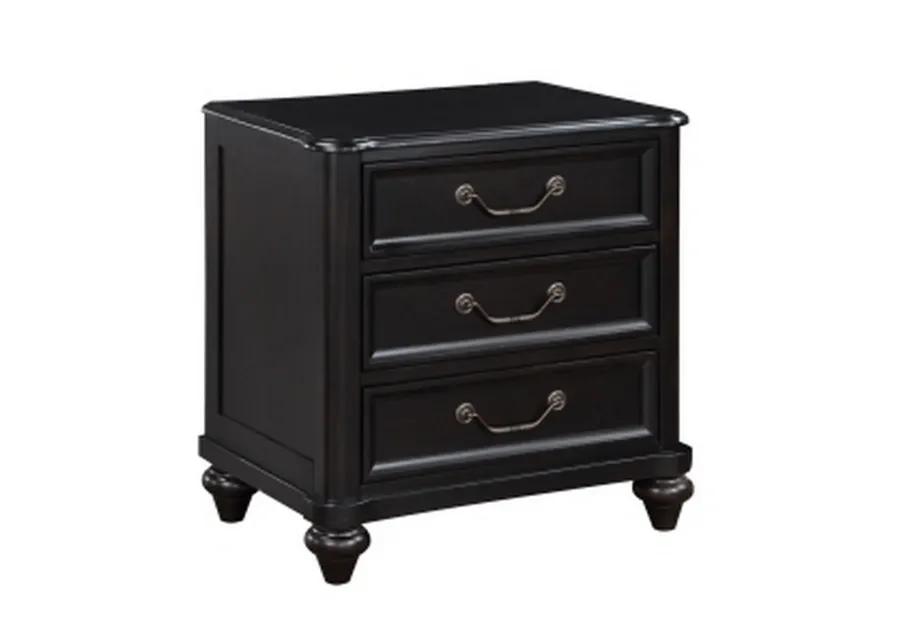 Vix 27 Inch Nightstand, 3 Drawers, Molded Design Pewter Drop Handles, Black - Benzara