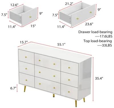 White Mirror Finished Wooden 9-Drawer 55.1 in Width, Chest of Drawers, Dresser, Modern European Style