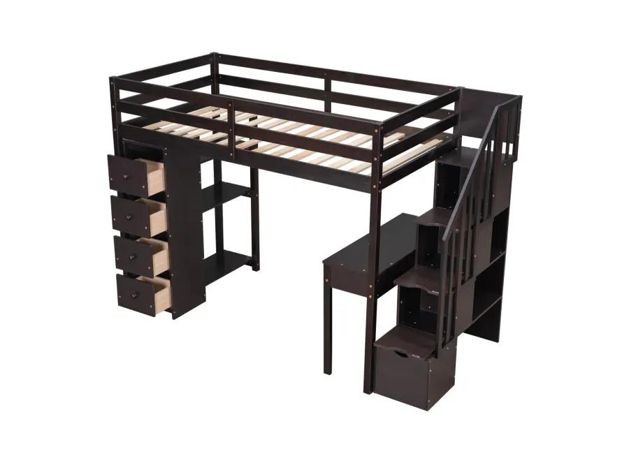 Twin Size Loft Bed With Storage Drawers, Desk And Stairs, Wooden Loft Bed With Shelves