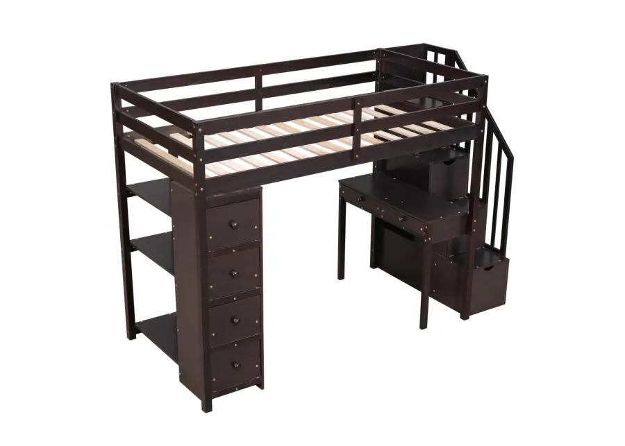 Twin Size Loft Bed With Storage Drawers, Desk And Stairs, Wooden Loft Bed With Shelves