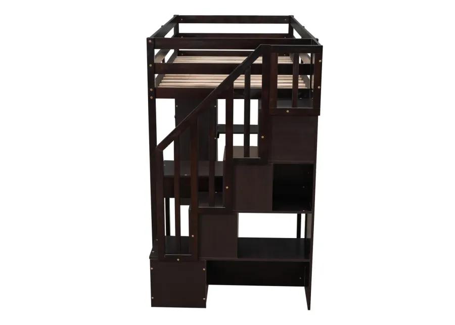 Twin Size Loft Bed With Storage Drawers, Desk And Stairs, Wooden Loft Bed With Shelves