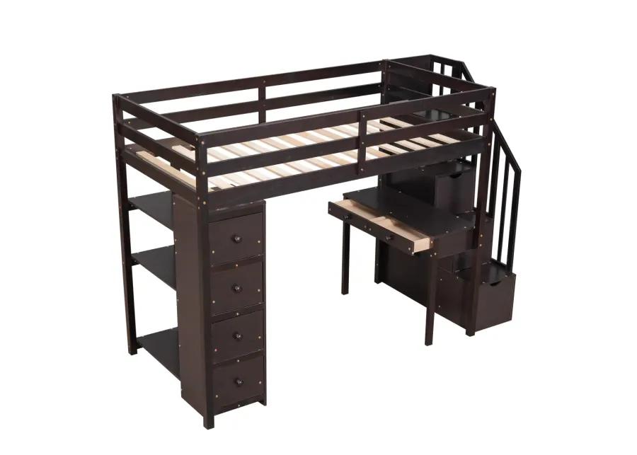 Twin Size Loft Bed With Storage Drawers, Desk And Stairs, Wooden Loft Bed With Shelves