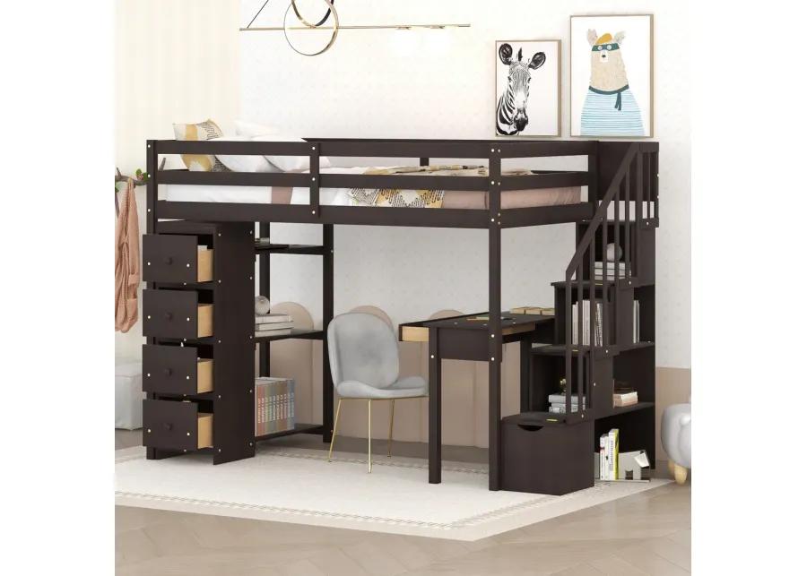 Twin Size Loft Bed With Storage Drawers, Desk And Stairs, Wooden Loft Bed With Shelves