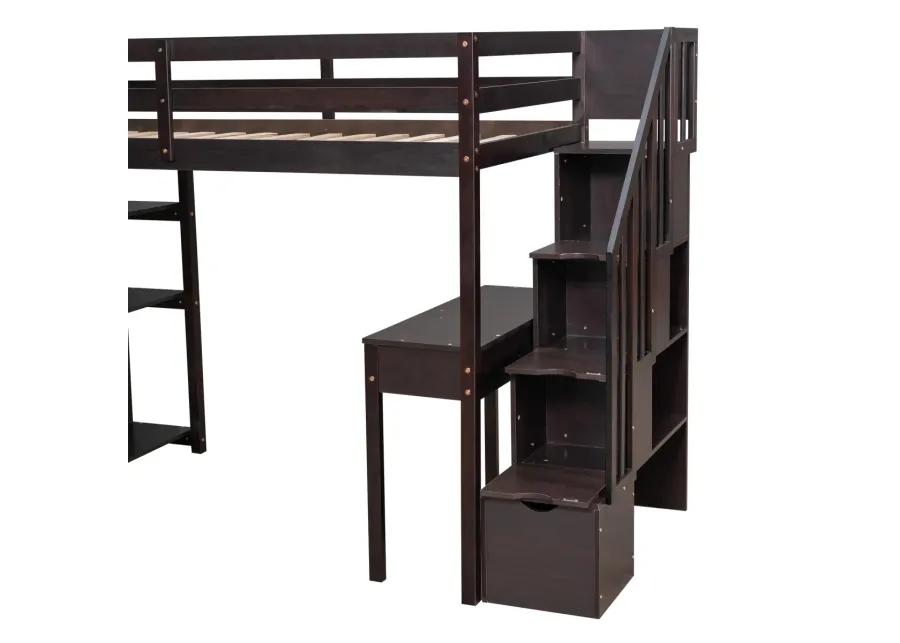 Twin Size Loft Bed With Storage Drawers, Desk And Stairs, Wooden Loft Bed With Shelves