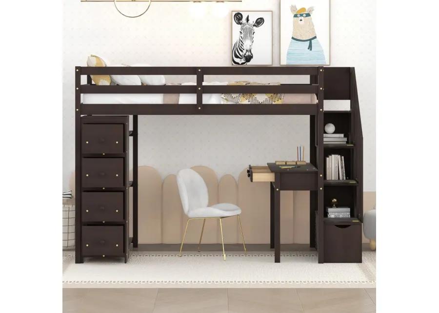 Twin Size Loft Bed With Storage Drawers, Desk And Stairs, Wooden Loft Bed With Shelves