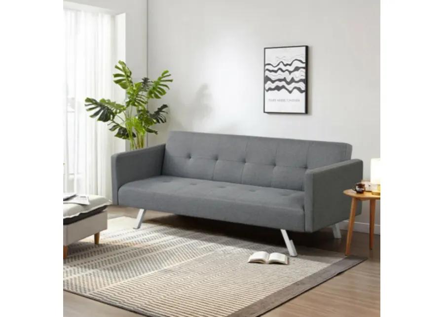 3 Seat Convertible Linen Fabric Futon Sofa with USB and Power Strip-Gray