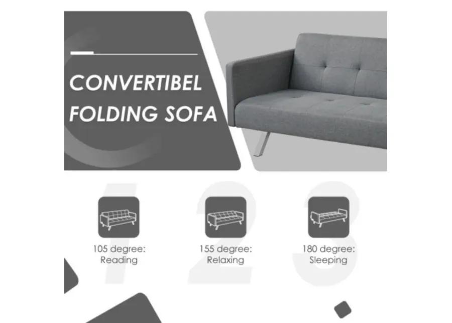 3 Seat Convertible Linen Fabric Futon Sofa with USB and Power Strip-Gray