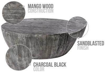 Arthur 36 Inch Farmhouse Style Handcrafted Mango Wood Coffee Table, Round Drum Shape, Sandblasted Black - Benzara