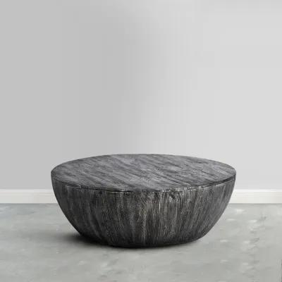 Arthur 36 Inch Farmhouse Style Handcrafted Mango Wood Coffee Table, Round Drum Shape, Sandblasted Black - Benzara