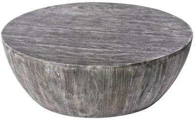 Arthur 36 Inch Farmhouse Style Handcrafted Mango Wood Coffee Table, Round Drum Shape, Sandblasted Black - Benzara